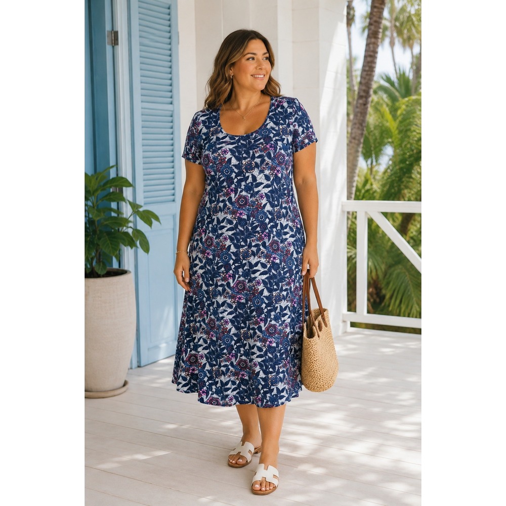 Peruvian Connection Blue Floral Pima Cotton Jersey Midi Dress XL Coastal Grandma